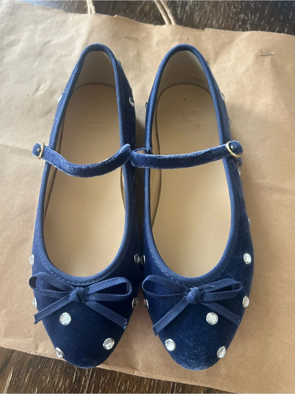 Janie and Jack Navy Velvet Mary Jane Flats with Gem Studs